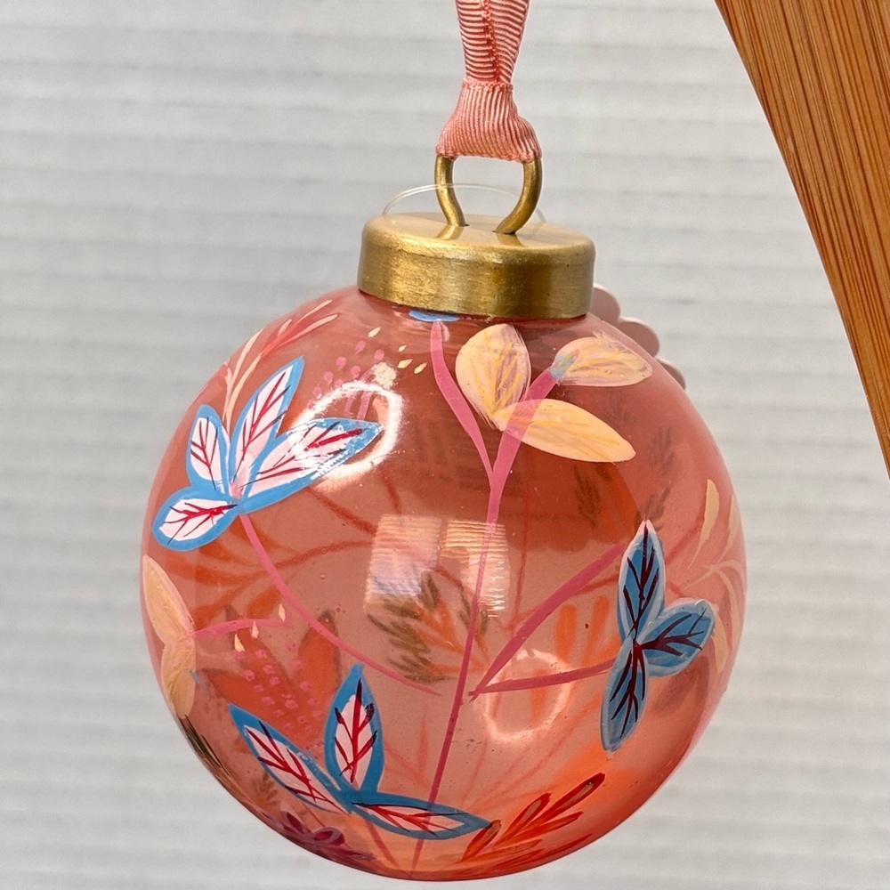NWT ANTHROPOLOGIE Hand Painted Floral Orange Glass Christmas Holiday Ornament - Picture 6 of 10